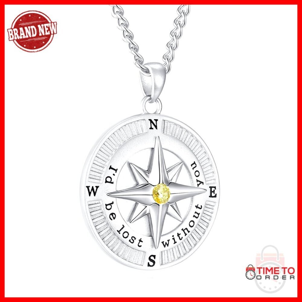 Sterling Silver Compass Birthstone Necklace for Men, 22 Inch Chain